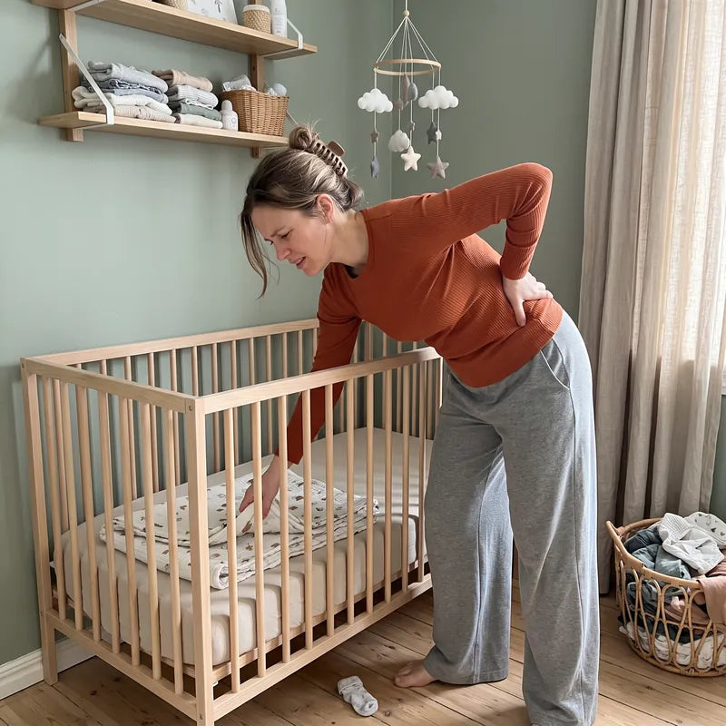 A tired mother standing at the crib late at night, one hand on her lower back