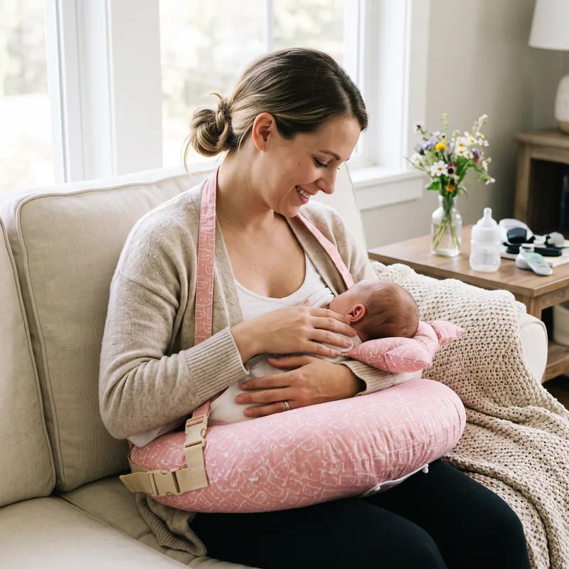 A mother sitting upright and breastfeeding, her baby resting on the pillow buckled around her waist