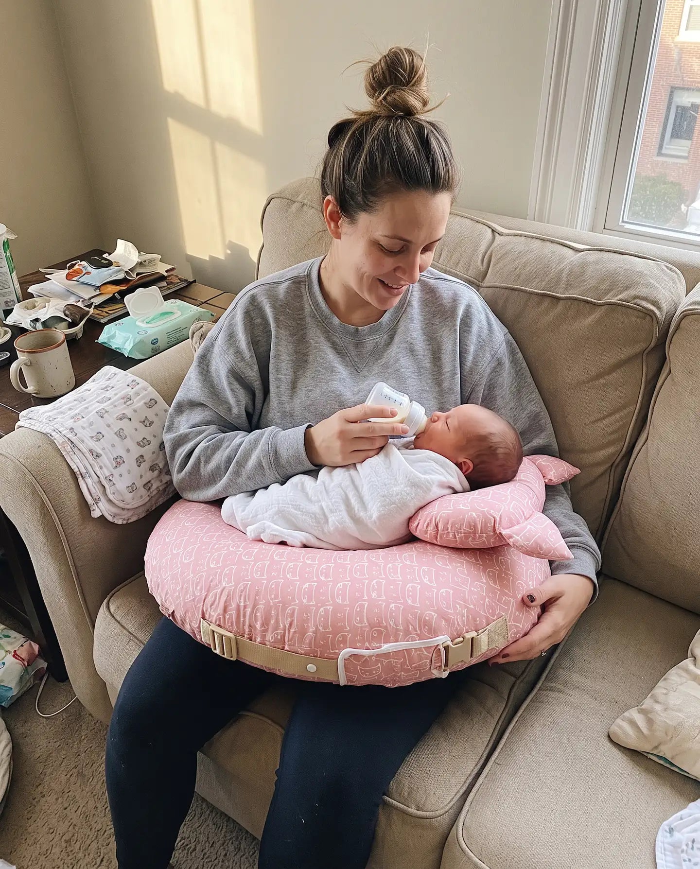 A mother bottle feeding with the pillow on her lap